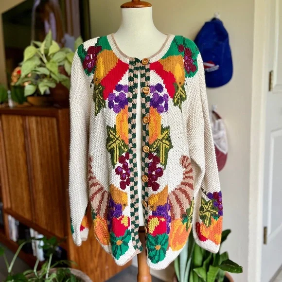 ☾ Vintage RARE hand-knit harvest scene fall graphic cardigan (cotton / ramie) - Picture 2 of 8